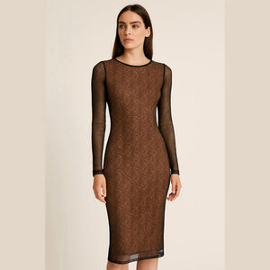 NWT Versace Jeans Couture Dress Black Lace Mesh Midi Bodycon Sheer Sleeve US 4